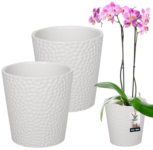 KOTARBAU® Set di 2 vasi da fiori in ceramica bianca smaltata, diametro 12 cm, altezza: 15 cm, vaso per orchidee, in ceramica, per piante da appartamento