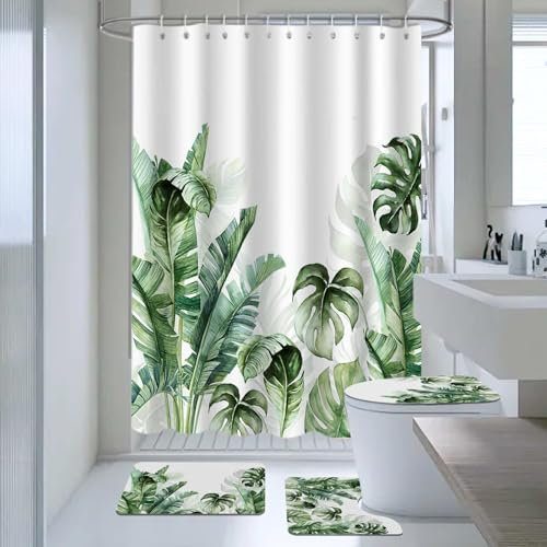 AIBIIN Lot de 4 rideaux de douche motif feuilles de palmier tropicales avec tapis antidérapant, housse d'abattant de toilette et tapis de bain, rideaux de bain modernes pour décoration de salle de