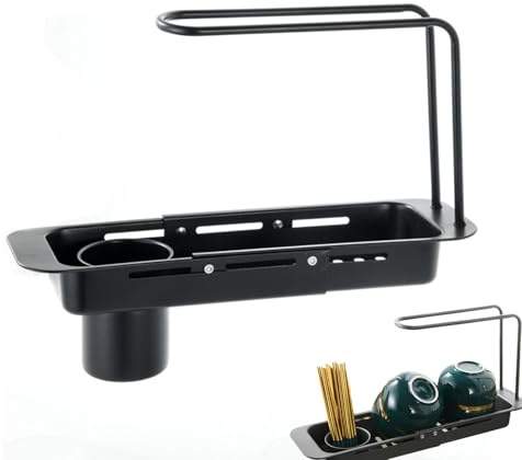 Teleskop-Ablaufregal Für Spülbecken - Teleskop Spülbecken Organizer - Multifunktionale Küchenspüle Organizer Mit Handtuchhalter, Edelstahl Spülbeckenregal Schwammhalter Küche Abflussregal,Schwarz