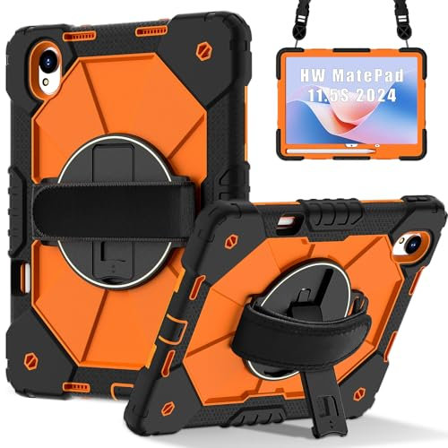 BARALARIQIU Stock Funda para Huawei MatePad 11.5 S 2024 11.5 Pulgadas 2023, Correa de Mano/Soporte Giratorio 360°, Tirante para Hombro, Huawei MatePad 11.5 S Tablet Funda, Negro + Naranja