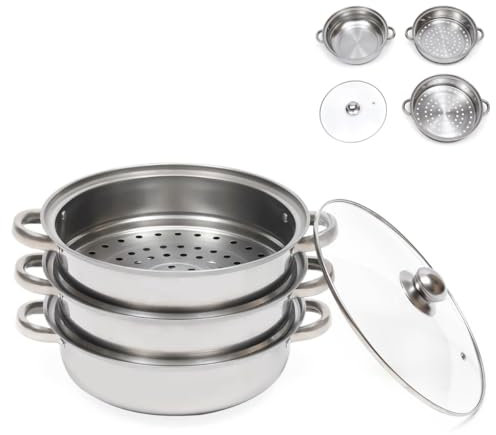 Chynalys 3 Lagiger 28cm Dampfgarer Topf Set, Dampfgarer Edelstahl mit Glasdeckel Spülmaschinen Geeignet, Kartoffeldämpfer Dampfkochtopf für Gas- Elektro- Induktions- und Halogenherde