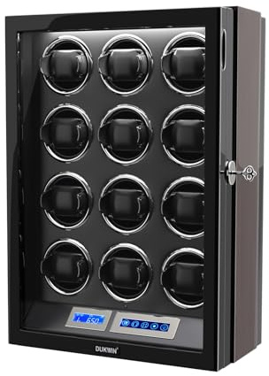 DUKWIN Uhrenbeweger für 6/9/12 Automatikuhren mit Tastensperre, LCD-Bildschirm, Fernbedienung, LED-Licht, verstellbarem Uhrenkissen und Supper leisem Motor für Universaluhren