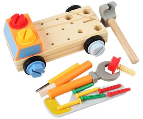 FELTECHELECTR Kinder Werkzeugbank Montessori Werkzeugsatz Für 1 Set Werkzeugkiste Mit Schraubendreher Und Holzspielzeug DIY Spielzeugauto Zur Der Feinmotorik Und Frühen Bildung Für Jungen Und Ädchen
