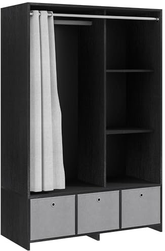 HOMCOM Armoire penderie, Dressing avec Rideau, Armoire Chambre vêtement, Garde-Robe avec Tringle, 3 Compartiments et 3 tiroirs en Tissu Amovibles - 105 x 48 x 160 cm, Noir