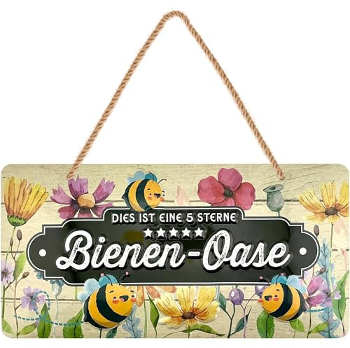 LANOLU Retro Blechschild BIENEN-OASE Schild - Blechschilder Garten mit Sprüchen - nostalgische Dekoration als Gärtner Geschenke - retro Deko vintage Metallschild Garten mit Jutekordel 16x32cm
