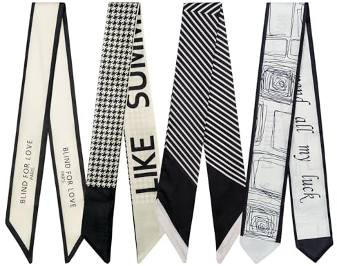 QIUTIMIY 4er-Pack Schals schmale Twill-Haartücher Halstuch Band Geldbörse Modeaccessoires Damenhandtaschen Charms