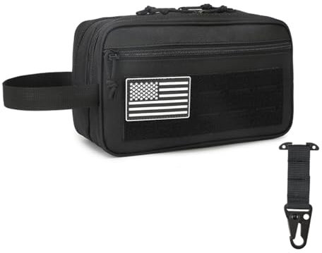 Taktische Kulturtasche für Herren - MOLLE Dopp Kit mit Trocken-/Nass-Trennung, großes Fassungsvermögen, wasserabweisende Reiserasiertasche mit US-Patch & T-Mount MOLLE-Clip (Schwarz)