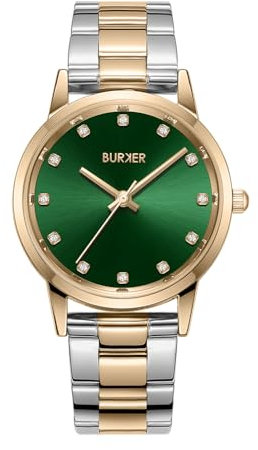 BURKER Damenuhr Amy, Runder Damen Armbanduhr mit Zirkonia Gliederarmband Edelstahl Analog Quarz 3-ATM Wasserdicht - 32 mm - Gold Silber Grün