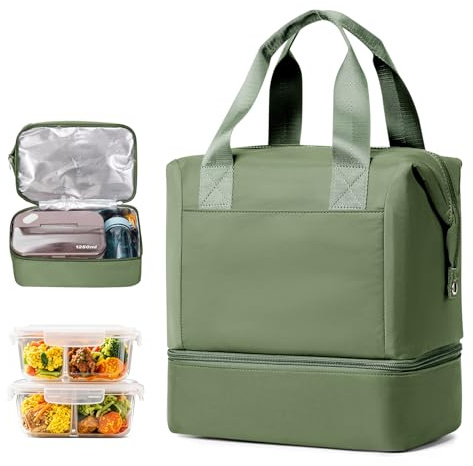 HPLQQ Borsa Termica Porta Pranzo Doppio Scomparto, Borsa Frigo Pranzo per Alimenti Mantenere Caldo o Freddo Lunch Bag Impermeabile per Donna Ufficio, Picnic, Viaggio, Campeggio,C2-Verde militare