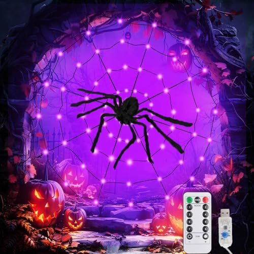 KEELYY Halloween Spinnennetz Lichter 8 Modi 70 LED Lichterketten Halloween Deko, Spinnennetz Lichterkette, USB-Betrieben mit Timer Netzlichter Deko für Haushof Garten Outdoor Indoor