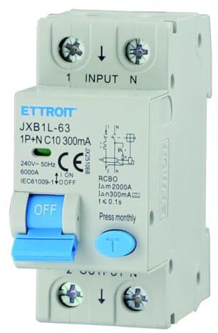 ETTROIT INTERRUTTORE MAGNETOTERMICO DIFFERENZIALE SALVAVITA CLASSE A PER BARRA DIN 2 MODULI 1P+N 300mA 220V-6KA (10 AMPERE)