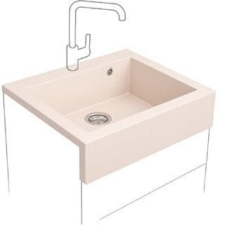 QLS Fregadero de granito, estilo rústico, 79 x 61 cm, color beis, de granito, 1 lavabo, con delantal, para armario bajo de 80 cm, fregadero de cocina de calidad UE con sifón