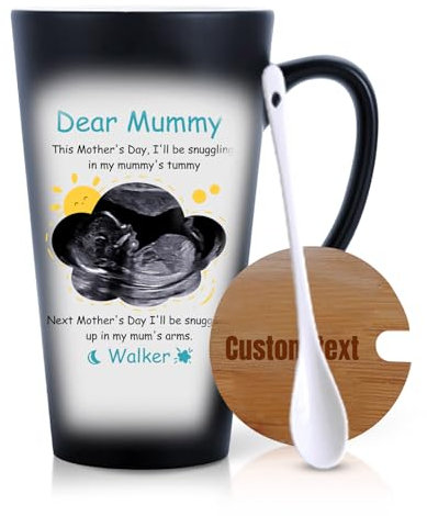 FPFNFSVI Personalised Sonogram Picture Magic Color Changing Coffee Mug Custom Heat Sensitive Coffee Mug with Spoon Engraved Lid Customized Photo Text Both Sides Ceramic Mug Gift 17oz