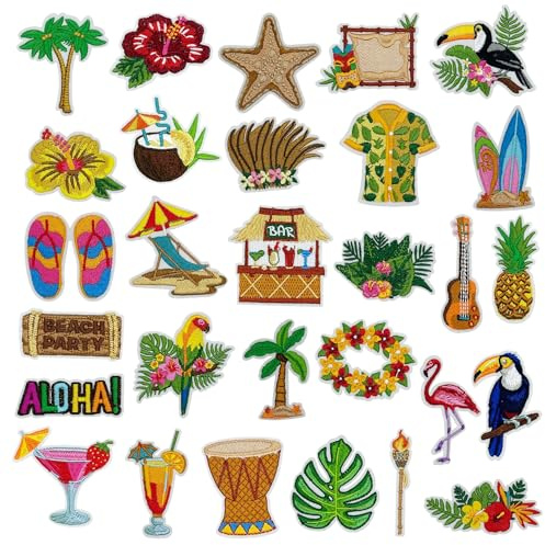 Attuslla 29 PCS Hawaii Theme Iron on Patches Summer Embroidered Sew Applique for Clothing Jacket Jeans Pants Dress Backpack Hat Decorations