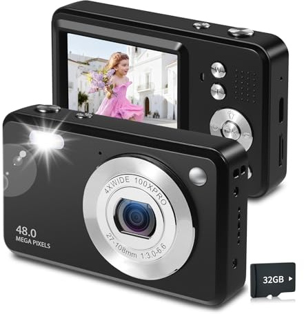 Digital Camera for Kids,1080P 48MP Point and Shoot Digital Cameras with 32GB Memory Card and 16X Digital Zoom Kids Camera, Compact Portable Small Gift for Boys Girls Teenager