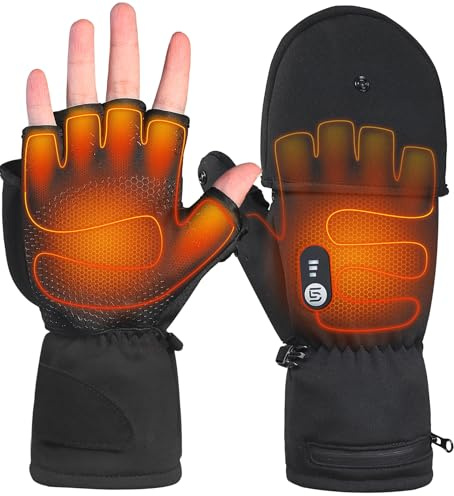 Heated Gloves for Men Women Rechargeable with 7.4V 3000mAh Battery Waterproof Fingless Heated Mittens for Winter Work Typing with Light-Off Design