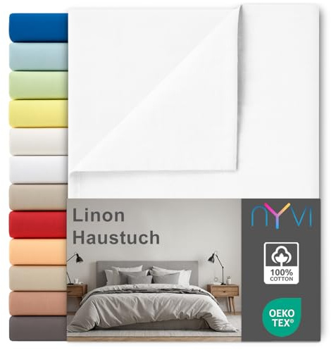 NYVI Linon Deluxe Bettlaken ohne Gummizug aus 100% atmungsaktiver Baumwolle - Betttuch auch als Sommerdecke nutzbar, Oeko-TEX 100, Bei 60°C waschbar - 240x260 cm Weiß