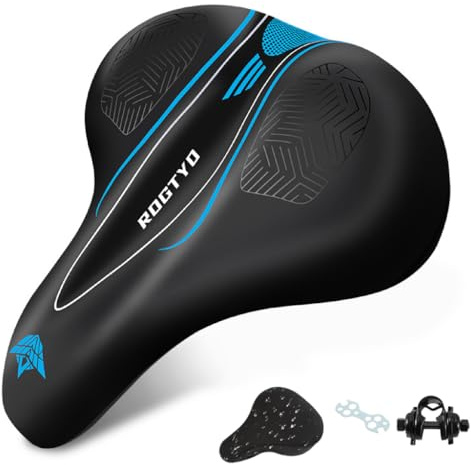 ROGTYO® Fahrradsattel mit Memory-Foam 3.0, Gel Fahrradsitz, Breiter, Weicher, komfortabel atmungsaktiv stoßdämpfend, Ergonomisch Fahrrad Sattel mit wasserdichte Abdeckung (Blau)