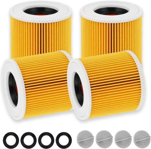 4 Filtro a Cartuccia, Filtro Aspirapolvere Karcher, Ricambio 6.414-552.0 | Compatibile con Kärcher WD3, WD2, WD1, MV3, MV2, A, K, KNT, NT, SE, VC, con 4 Viti di Bloccaggio per Soffre di Allergie
