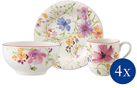 Villeroy und Boch - Mariefleur Basic Frühstücks-Set, 12 tlg., Service mit Landhausflair, Premium Porzellan, spülmaschinen-, mikrowellengeeignet, weiß/bunt