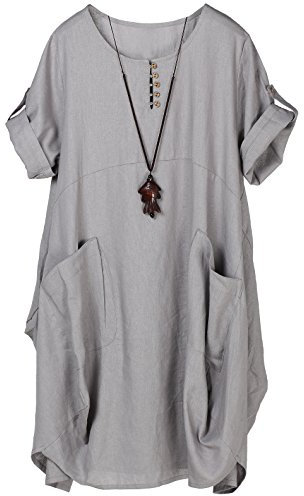 FTCayanz Damen Tunika Kleider Sommer Kurzarm Leinenkleider Boho Lang Sommerkleider Große Größen Grau XXL