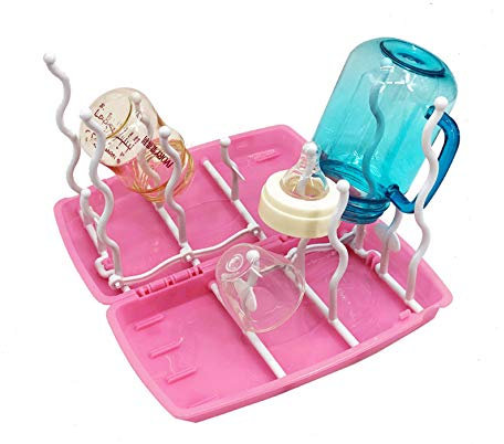 Foldable Baby Bottle Drying Rack, Collapsible Bottle Holder for Bottle Storage Space,Portable Design for Travel, Pink Color.