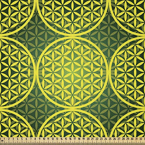 ABAKUHAUS Modern Microfaser Stoff als Meterware, Klare Blume des Lebens, Deko Basteln Polsterstoff Textilien, 2M (230x200cm), Jägergrün Gelb