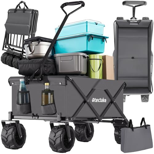 tectake® Chariot de Transport Pliable Tout-Terrain à Roulettes - Pour Jardin, Plage, Chien - Capacité Max. 80 kg - Avec Sac de Rangement - Pour Courses, Pêche, Camping, Festival
