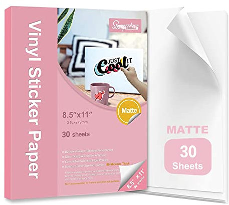 Premium Printable Vinyl Sticker Paper,Matte White 30 Self-Adhesive Sheets 8.5 x 11”,Waterproof Decal Paper for Making Labels&Crafts,Tear Resistant - Inkjet & Laser Printer