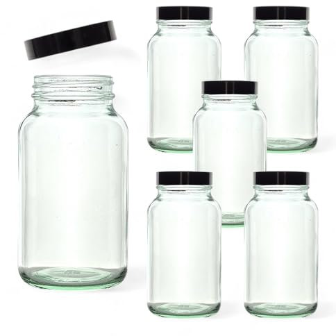 AVALON 250ml Glass Storage Jars - Pack of 6 - Refillable Round Clear Storage Containers with Airtight Black Lids for Kitchen use, Herbs, Spices, Dried Goods, Capsules & More
