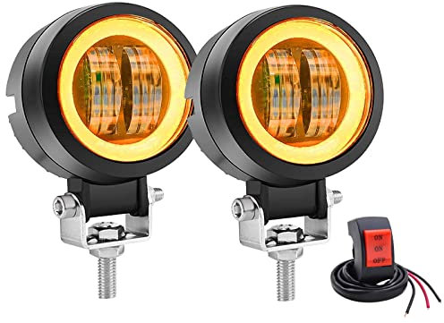Biqing Faros Auxiliares de Moto,3 Inch Ronda 20W Faros Antiniebla Moto LED Foco Luces de Trabajo Luz Delantera Auxiliar 12V/24V Ojo de ángel Ámbar DRL Con Interruptor de Manillar de Motocicleta 22mm