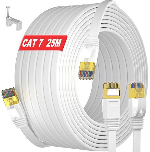 Cable Ethernet 25 metros Cat 7 RJ45 Gigabit Cable de Red Alta Velocidad Plano Cable Internet de núcleo de cobre puro, Blanco Cable de Conexión para Switch Router Módem