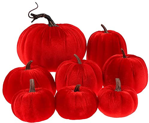 Gresorth 8 Stück Sortiert Gefälscht Handgefertigt rot Samt Kürbisse Künstlich Herbsternte Halloween Dekoration Gemüse Heim Bauernhaus