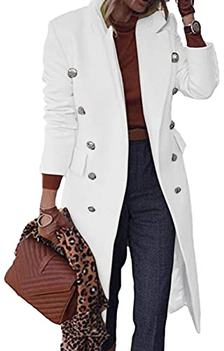 L9WEI Women's Fashion Trench Coat - Long Wool Coat with Double Breasted Lapel - Elegant Cotton Jacket for Women - Warm Winter Coat - White, M