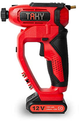 TAKY, Compressore Cordless Eolo, 12 V 1300mAH, 3 ugelli, display digitale, 4 accessori per il gonfiaggio, Luce Led, Batteria Ricaricabile, 6,5x14x25,5 cm