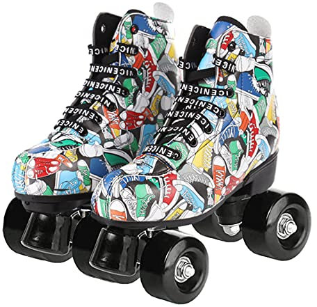 XVBVS Fashion Rollschuhe für Damen und Herren, Classic Gekritzel Zweireihige High-Top-Skates, PU-Leder Quad Rollschuhe für Indoor und Outdoor (45,Black 2)