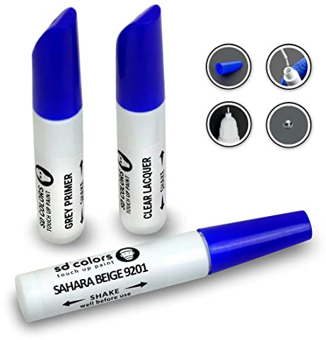 SD COLORS 12 ml Touch-Up-Farbe, Klarlack und Grundierung mit Pinsel - Sahara BEIGE (9201) - Kompatibel mit Skoda - Kratzer, Chips und Lackreparatur