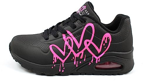 Skechers Femme Uno Dripping In Love Basket, Noir avec Imprimé Rose Duraleather Noir M, 38 EU