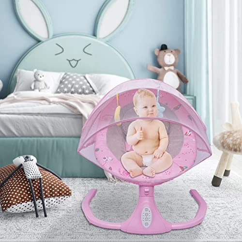 Babywippe Elektrische Babyschaukel mit Fernbedienung, Timing, Bluetooth und Musik, 4 Schwingungsamplituden, Indoor Baby Wippe Babyliege 0-12 Monate Faltbar Abnehmbar und Waschbar, bis 20kg (Rosa)