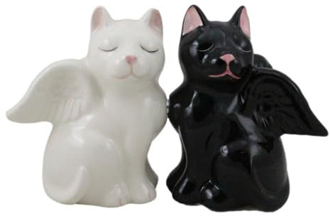 Ebros Ensemble salière et poivrière en céramique noir et blanc avec ailes d'ange chat diable ou ange