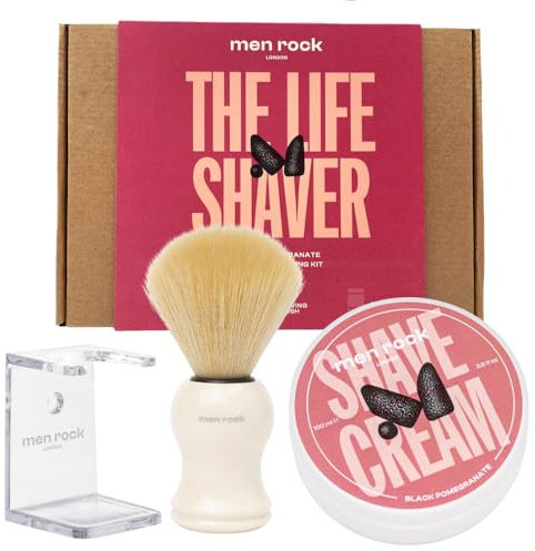 Black Pomegranate Shaving Kit for Men – Premium Wet Shaving Set with Shaving Cream, Shaving Brush & Brush Stand – Traditional Shaving Soap and Brush Set – Shaving Gift Set – Men Rock