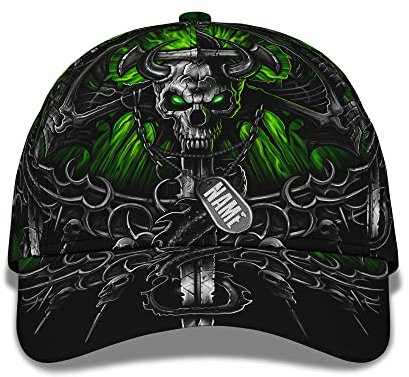 456 Sonnenblende Mütze Grüner Totenkopf-Druck Fertigen Sie Namenstext-Wort-Kappe Mit Furchtsamem Skelett Besonders An Basecap Outdoor Golf Caps Unisex Baseball Mütze Für Herren Teenager Reisen