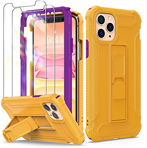 ORETech Designed for iPhone 11 Pro Case, and [2 x Tempered Glass Screen Protectors] [Built-in Kickstand] Military Grade Shockproof Full Body Protective Silicone TPU Bumper Cover iPhone 11 Pro - Yellow