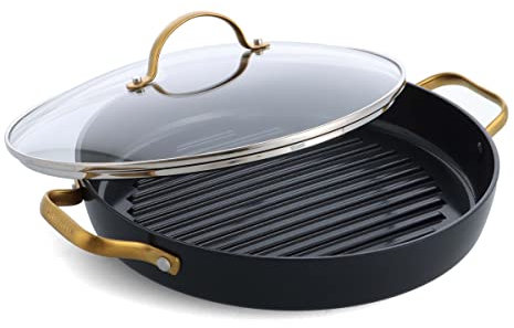 Greenpan Reserve Poêle à griller antiadhésive en céramique anodisée dure avec couvercle, poignée dorée, sans PFAS, passe au lave-vaisselle, noir