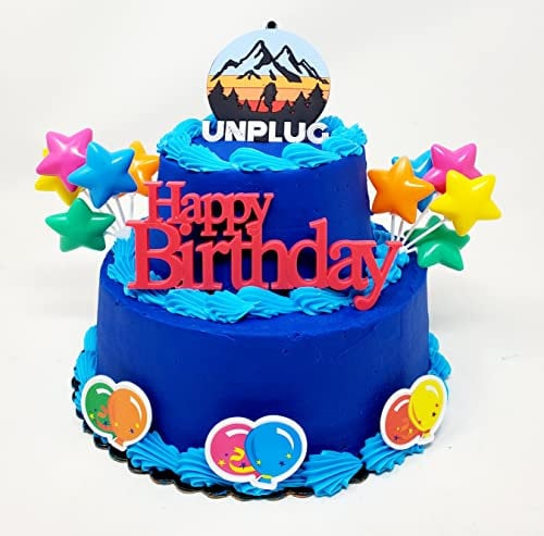 Hiking Camping Great Outdoors Unplug Themed 7 Piece Birthday Cake Topper Set