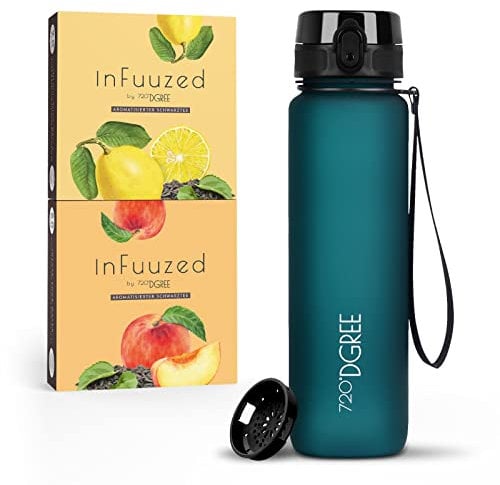 720°DGREE Eistee Trinkflasche 1l “uberBottle + InFuuzed“ - BPA-Frei, Ohne Zucker, Keine Kalorien - Einfach leckerer Geschmack für Deine Wasserflasche, Die Eis Tee Alternative - 2x 25 Beutel mind. 25l