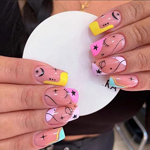 Vatocu Square Pride Day False Nails Short Pink Rainbow Color Press on Nails French Black Lines Fake Nails Stars Acrylic Stick on Nails for Women and Girls (24pcs）