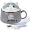 lachineuse - Bol à Ramen Japonais avec Couvercle - Bol Chat Kawaii - Bol Nouilles Instantanées & Petit-Déjeuner - Avec Couverts - Idée Cadeau Anime Japon - Bol Chinois Enfant Adulte - Coloris Gris
