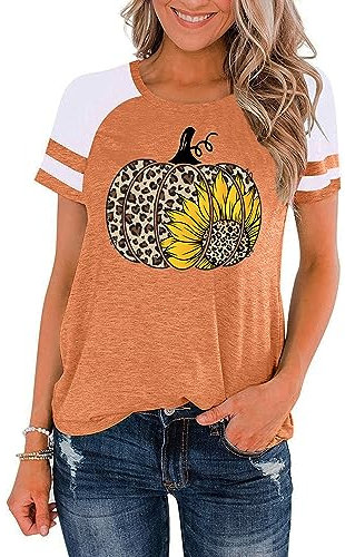 Halloween Kürbis T-Shirt Frauen Leopard Grafik Tees Herbst Shirt Raglan Kurzarm Thanksgiving Geschenk Top, Orange/Abendrot im Zickzackmuster (Sunset Chevron), Mittel
