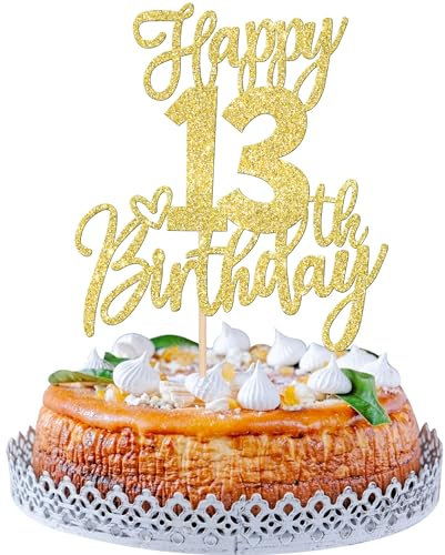 1 Stück Happy 13th Birthday Tortendeko Glitzer Prost auf 13 Jahre Geburtstag Kuchen Deko Sweet 13 Cake Topper für Happy 13th Birthday Theme Party Kuchen Dekoendeko Gold